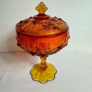 Vintage Fenton Golden Cabbage Rose Lidded Compote Candy Dish. Cadmium glow